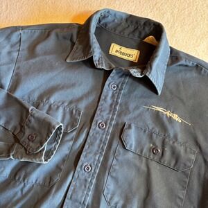 VTG Roebucks Mens Medium Blue Button Up Work Shirt Shatto‎ Embroidered Spellout